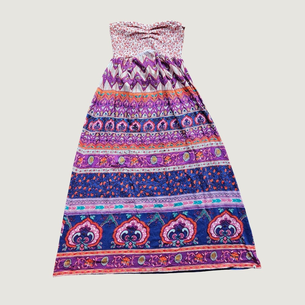 Billabong Womens Strapless Smocked Maxi Dress Purple Pink Floral Boho Cotton M
